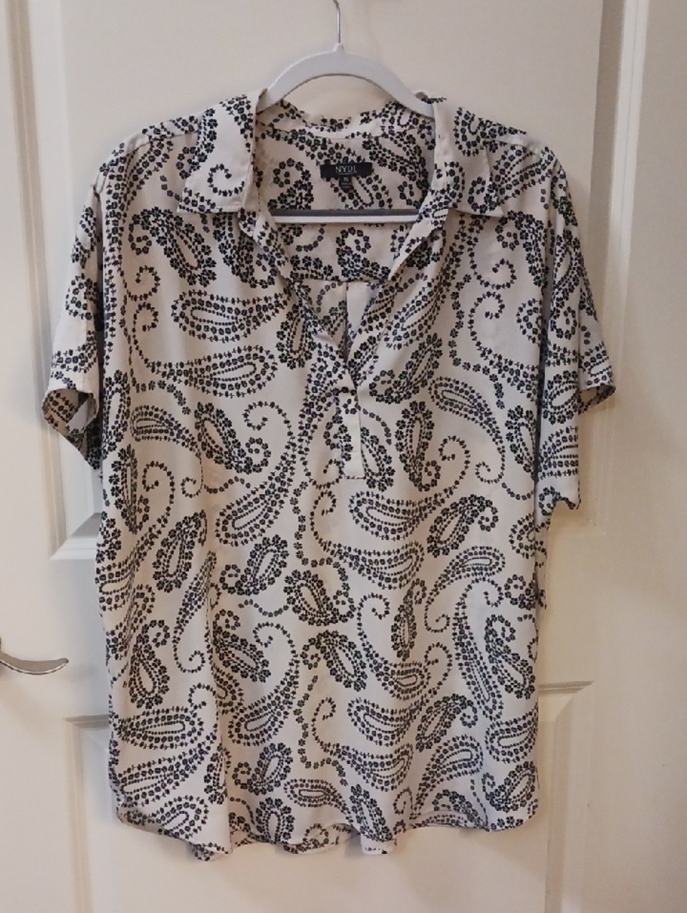 NYDJ Cream Short Sleeve Button Front Blouse with Black Paisley Dot Print